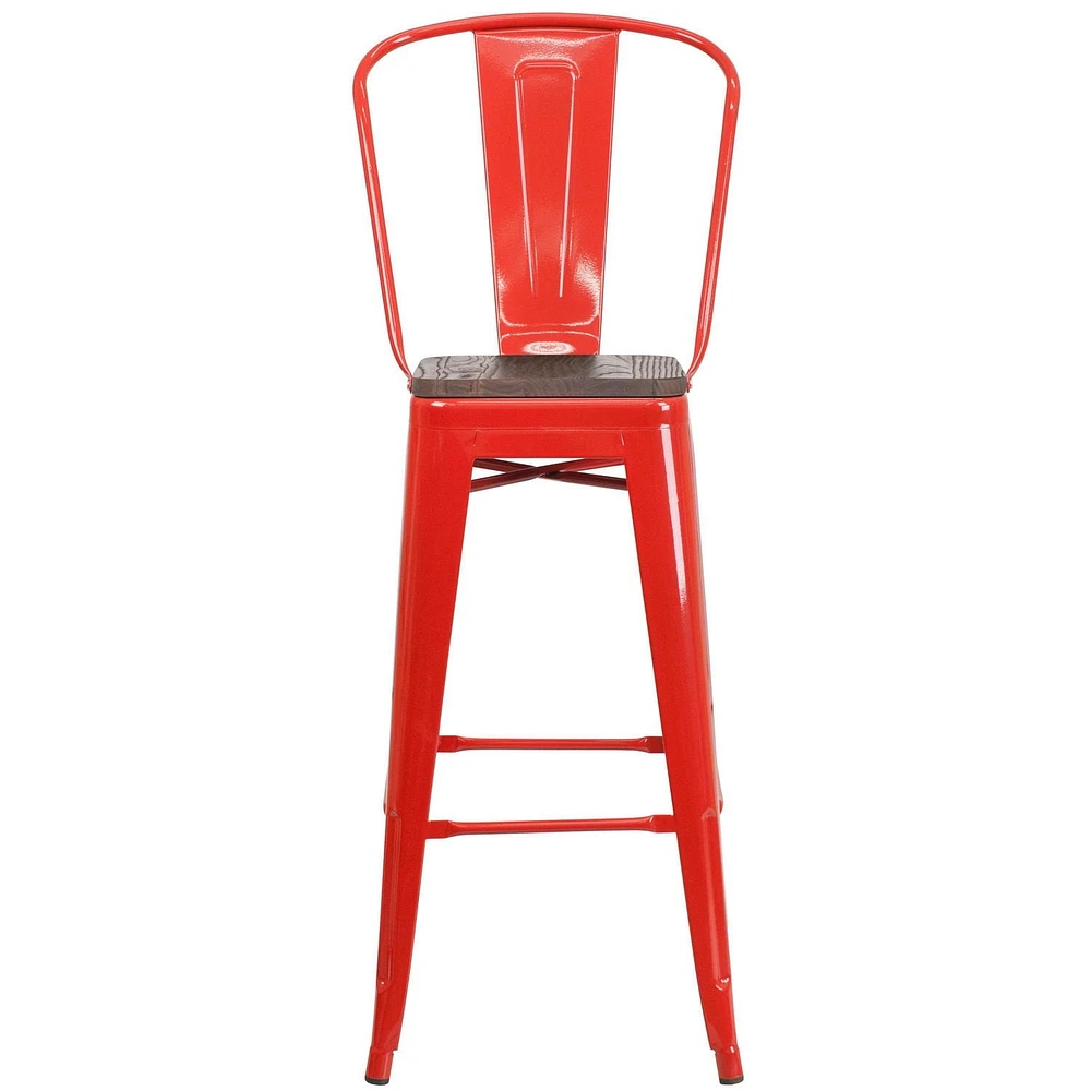 Lot de 4 pièces - Tabouret de bar de 30 po haut en métal rouge avec dossier et siège en bois