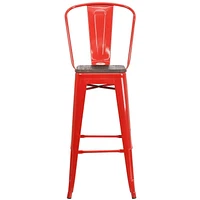 Lot de 4 pièces - Tabouret de bar de 30 po haut en métal rouge avec dossier et siège en bois