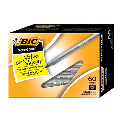 Stylos-billes noirs BIC Round Stic Extra Value, pointe moyenne (1,0 mm), paquet de 60 stylos en vrac, corps rond et souple pour une écriture confortable