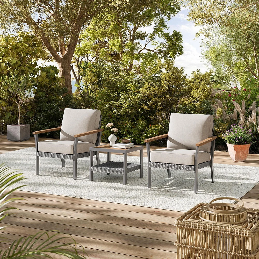 SONGMICS HOME Sencillo Collection - 3 Piece Patio Furniture Set, 2 Lounge Chairs and 1 Coffee Table, Outdoor Furniture, Cushions, Conversation, Synthetic PE Rattan, Faux Wood, Gray and Beige
