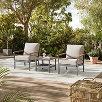 SONGMICS HOME Sencillo Collection - 3 Piece Patio Furniture Set, 2 Lounge Chairs and 1 Coffee Table, Outdoor Furniture, Cushions, Conversation, Synthetic PE Rattan, Faux Wood, Gray and Beige