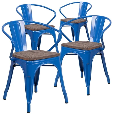 4 Pk. Blue Metal Chair with Wood Seat and Arms