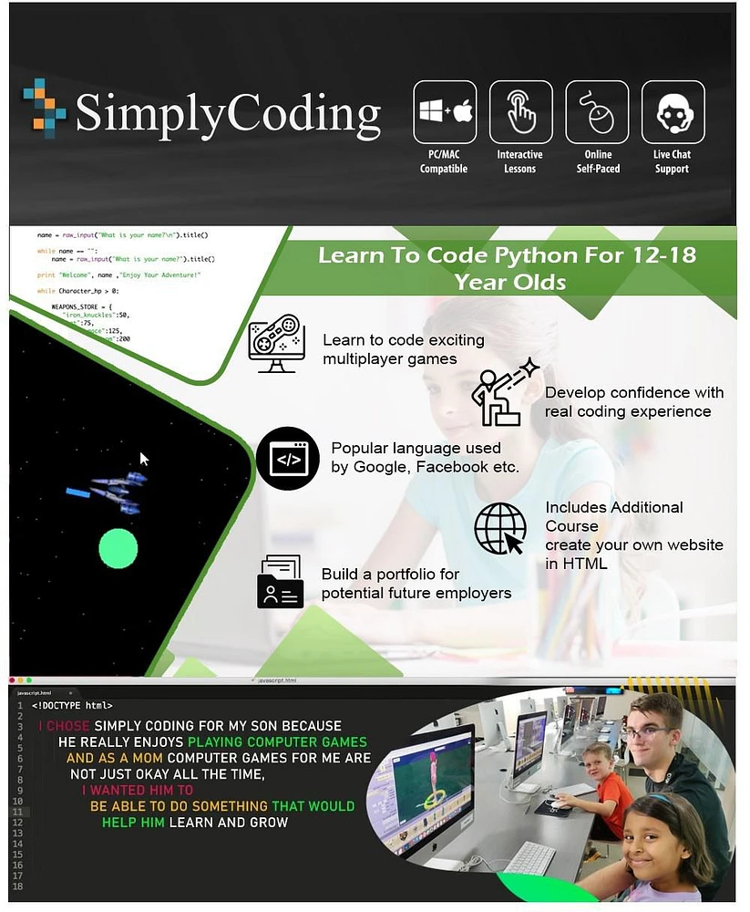 Coding for Kids - Learn to Code Multiplayer Games in Python Course Age 12+ [Digital Download]