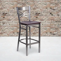 Lot de 2 pièces - Tabouret de bar en métal à dossier en «X» enduit lustré - siège en bois d'acajou