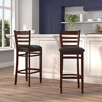 2 Pk. HERCULES Series Ladder Back Mahogany Wood Restaurant Barstool - Black Vinyl Seat