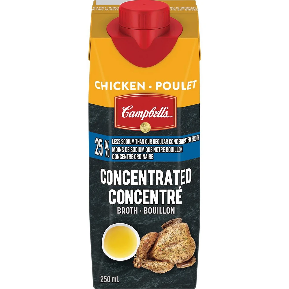 Campbell's Concentrated Less Salt Chicken Broth 250ML 24CA, Campbell's® Concentrated Beef Broth is up to 4x concentrated (vs. our Ready to Use broth) so that you can dial up and down the flavour intensity of your dishes. Simply add less water for more flavour!