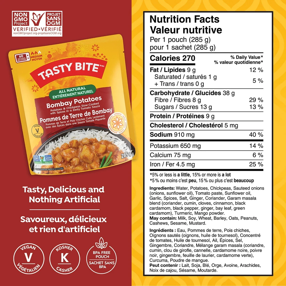 TASTY BITE BOM POT - FRENCH Plat indien de Pommes de terre de Bombay TASTY BITE entièrement naturel (285 g)