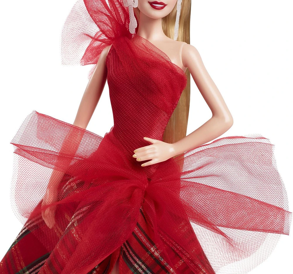 Barbie-Barbie Joyeux Noël 2024-Poupée blonde avec jupe à carreaux Âges 6Y+