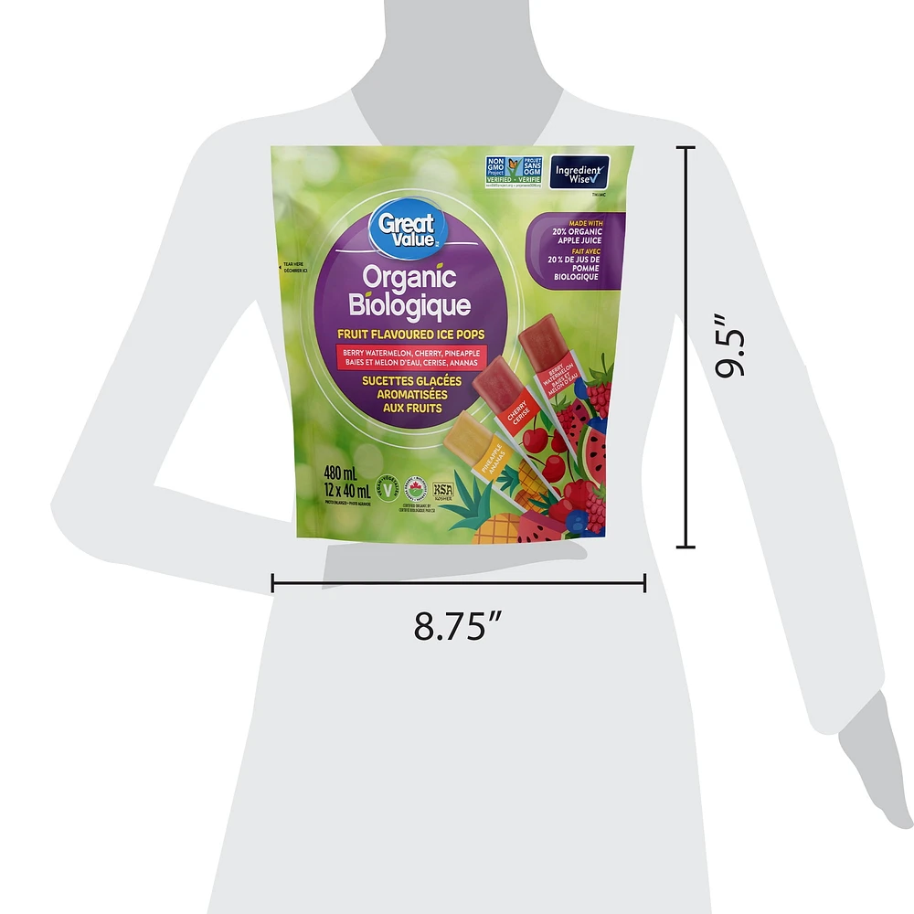 Great Value Organic Fruit Flavoured Ice Pops - Berry Watermelon, Cherry, Pineapple - 12 x 40 ml, 12 x 40 ml