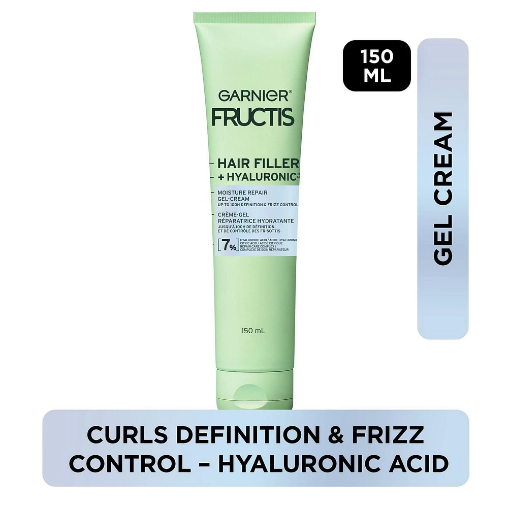 Garnier Fructis Hair Fillers + Acide Hyaluronique Gel-Crème Réparateur Hydratant, pour Cheveux Bouclés & Ondulés, retient l'humidité & donne jusqu'à 100 heures de Contrôle des Frisottis, 150ml Hydrate les cheveux bouclés