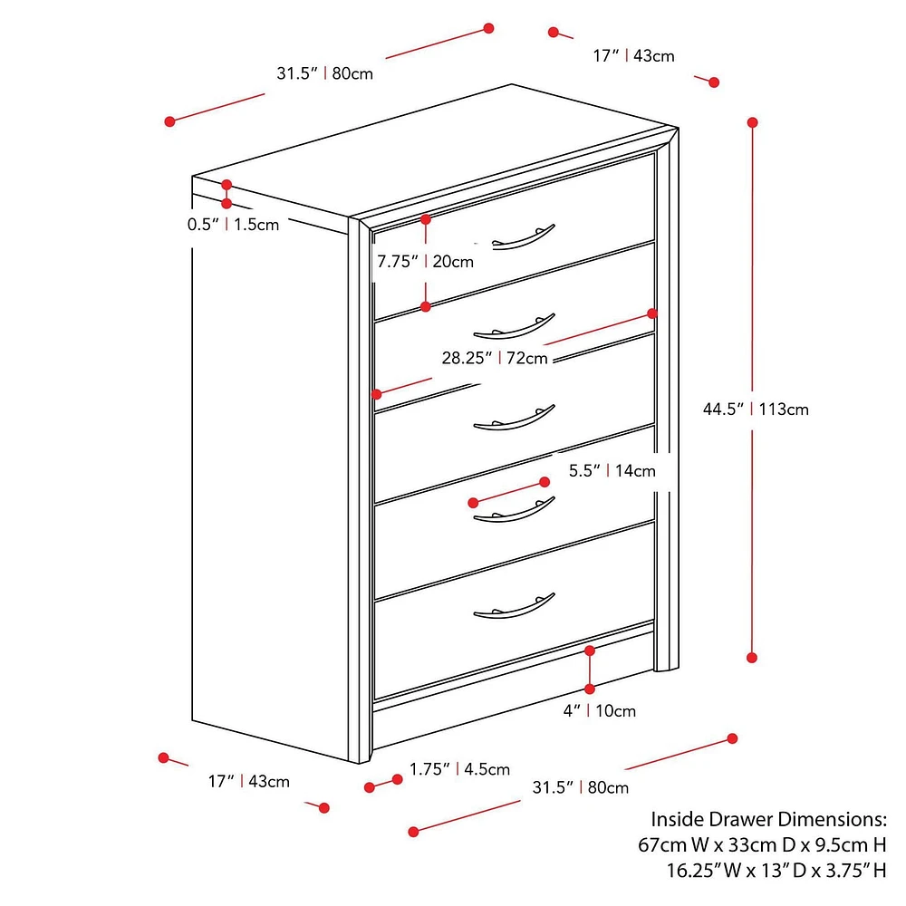 CorLiving Newport Commode haute moderne à 5 tiroirs pour chambre à coucher – Grande commode haute – Meuble de chambre et commode parfaits pour le rangement des vêtements