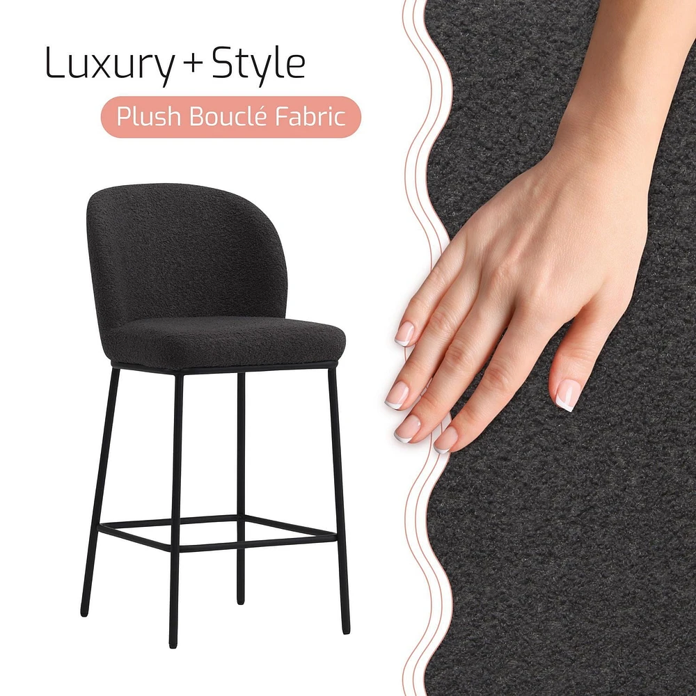 Ensemble de 2 tabourets de bar modernes rembourrés en tissu bouclé de luxe Addison de CorLiving - Tabourets de bar de 25,5 pouces à hauteur de comptoir pour îlot de cuisine - Tabourets modernes élégan