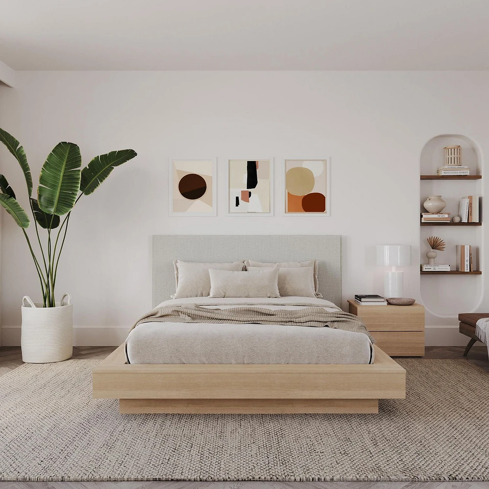 Ensemble de chambre à coucher Julian 3 pièces avec lit plateforme, tête de lit rembourrée et table de chevet