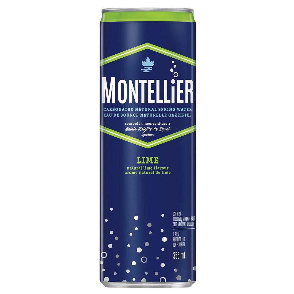 Montellier Carbonated Natural Mineral Water with Lime Flavour, 355mL Cans, 10 Pack, 10x355mL