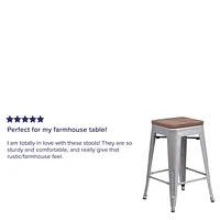 4 Pk. 24" High Backless Silver Metal Counter Height Stool with Square Wood Seat