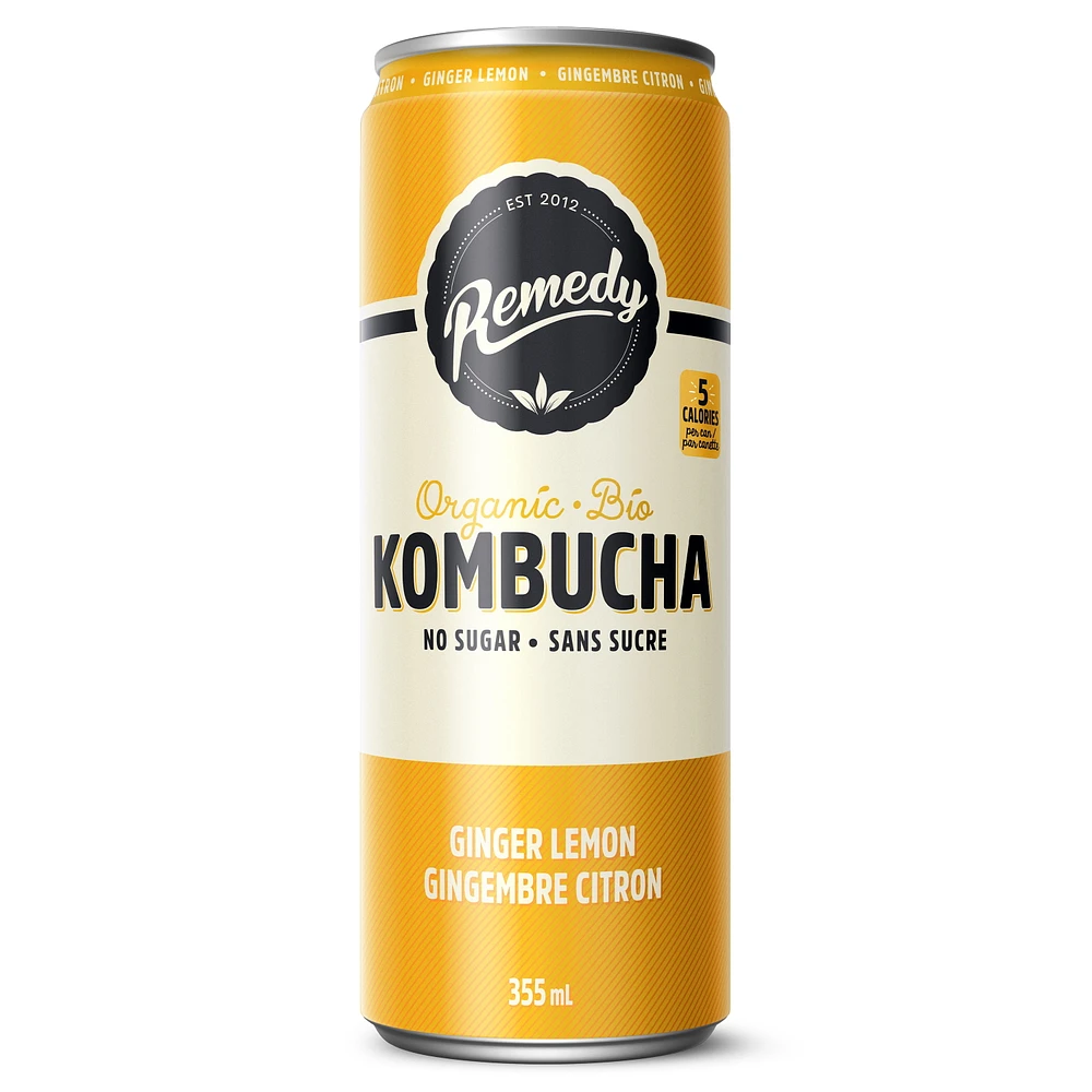 Organic, No Sugar, Raw and Unpasteurized, Naturally Caffeinated Remedy Kombucha Ginger Lemon 4PK, 4x355 ML