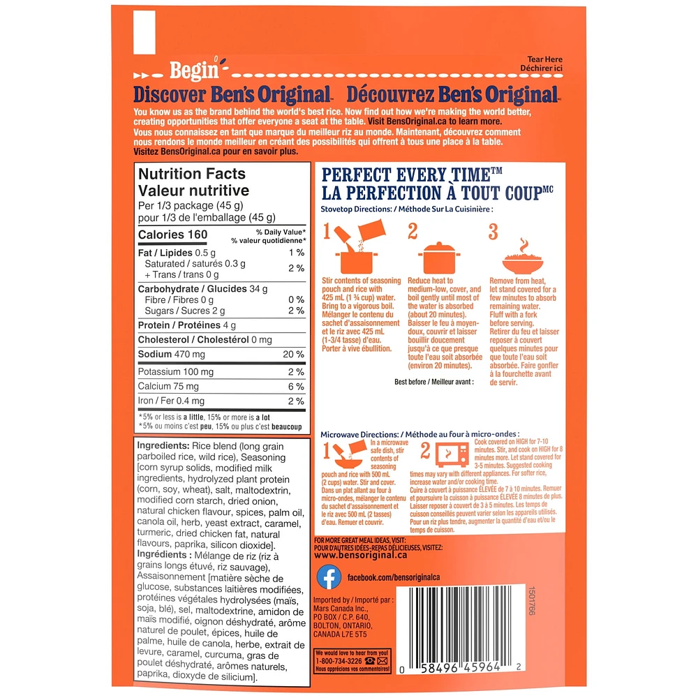 BEN'S ORIGINAL FAST & FANCY Homestyle Chicken Flavour & Wild Rice, 132g pouch, Perfect Every Time™