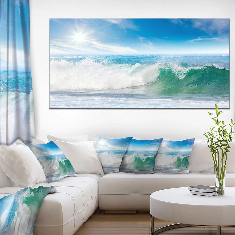 Designart White and Blue Waves under Sun Canvas Wall Art