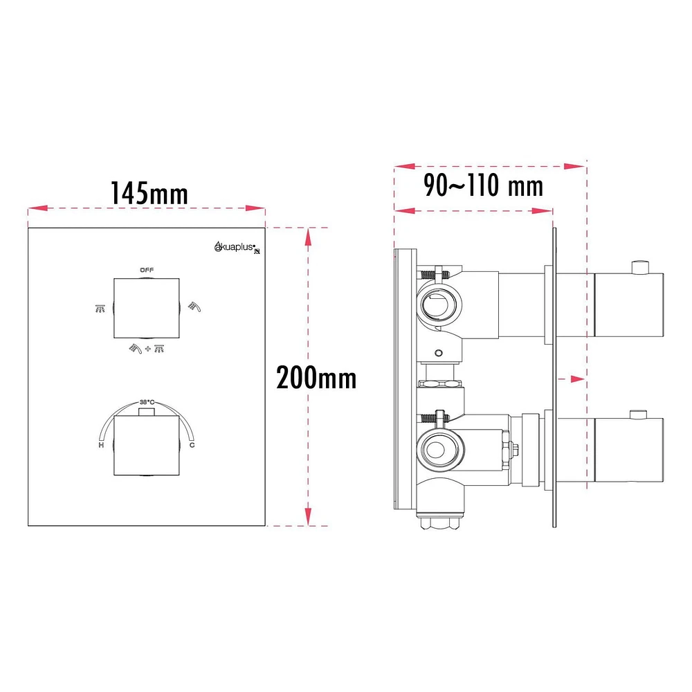 Valve thermostatique carrée 3 fonctions, pommeau, bec de bain ou simultanément, fini noir mat
