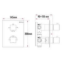 Valve thermostatique carrée 3 fonctions, pommeau, bec de bain ou simultanément, fini noir mat