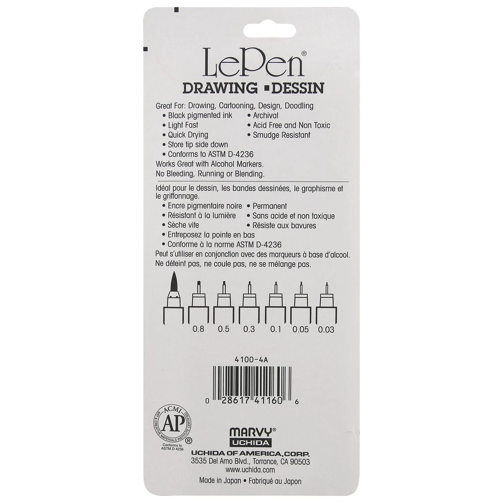 MARVY UCHIDA® LePen® TECHNICAL DRAWING PENS 4 PC SET BLACK, Pen