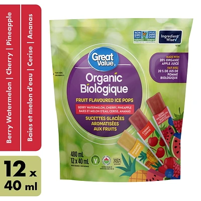 Great Value Organic Fruit Flavoured Ice Pops - Berry Watermelon, Cherry, Pineapple - 12 x 40 ml, 12 x 40 ml