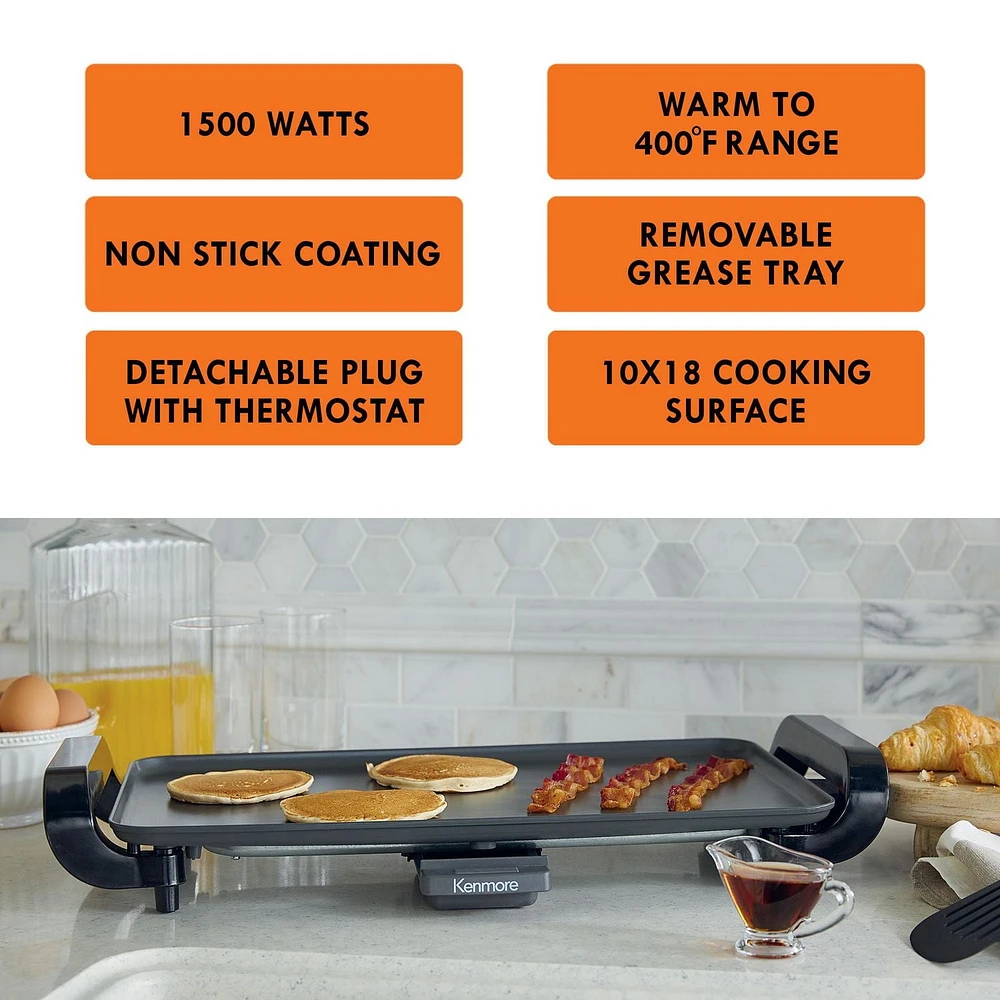 Kenmore Non-Stick Electric Griddle, 10"x18" with Removable Drip Tray