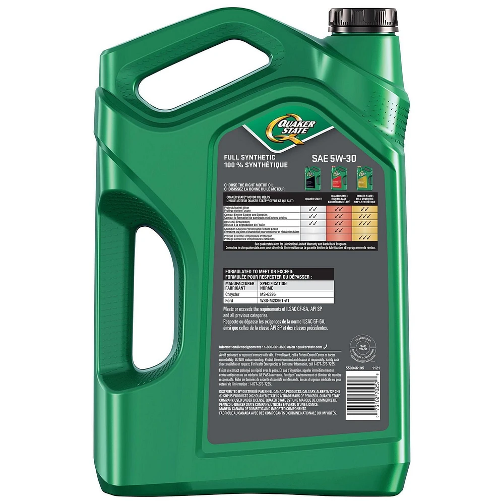 Quaker State Huile moteur entièrement synthétique 5W-30 5L QS Synthetique 5W-30 5L