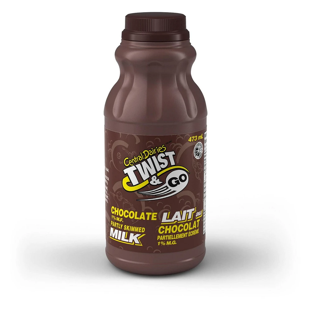 Central Dairies Twist & Go Chocolate Partly Skimmed 1% Milk, 473 mL