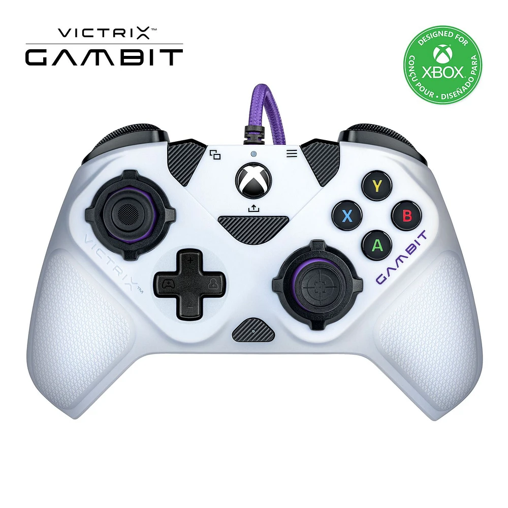 Victrix Gambit World's Fastest Licensed Xbox Controller for Xbox One, Series X|S – PC Compatible - Elite Esports Design with Custom Paddles, Swappable Pro Thumbsticks & White / Purple Faceplates