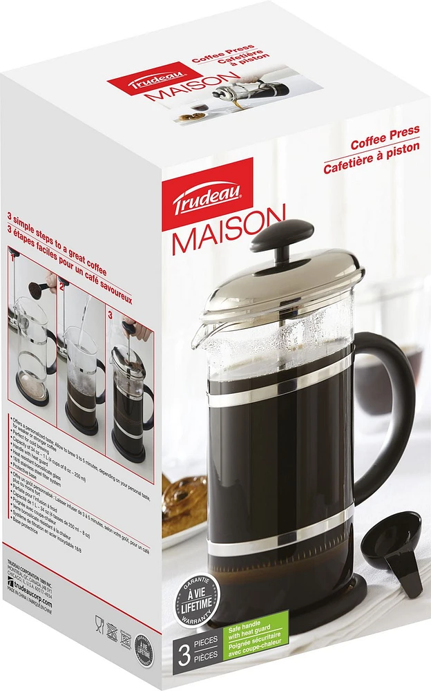Trudeau Maison Coffee Press with Chrome Plate Lid, Coffee Press with lid