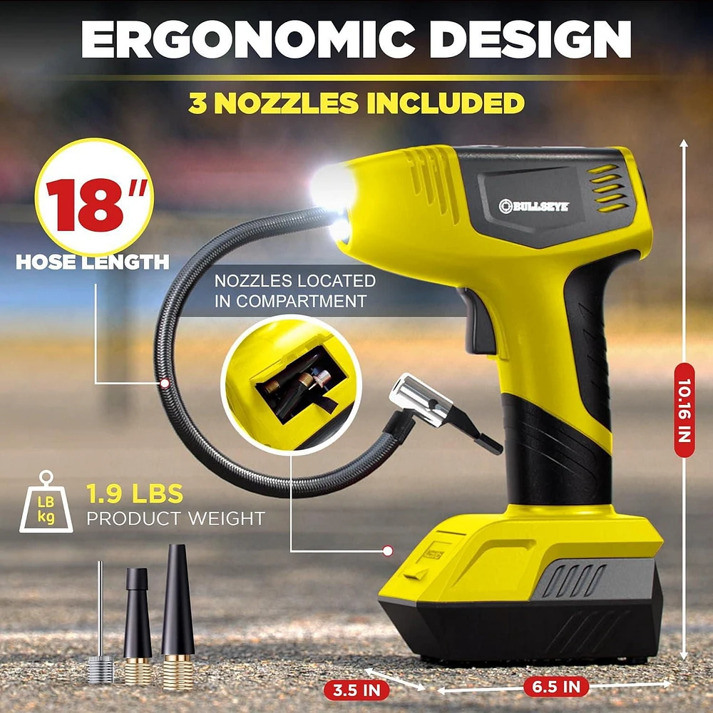 Bullseye Pro Digital Tire Pressure Gauge Air Pump 150 PSI w/Gauge Display Screen, Yellow,<br>As Seen On Tv