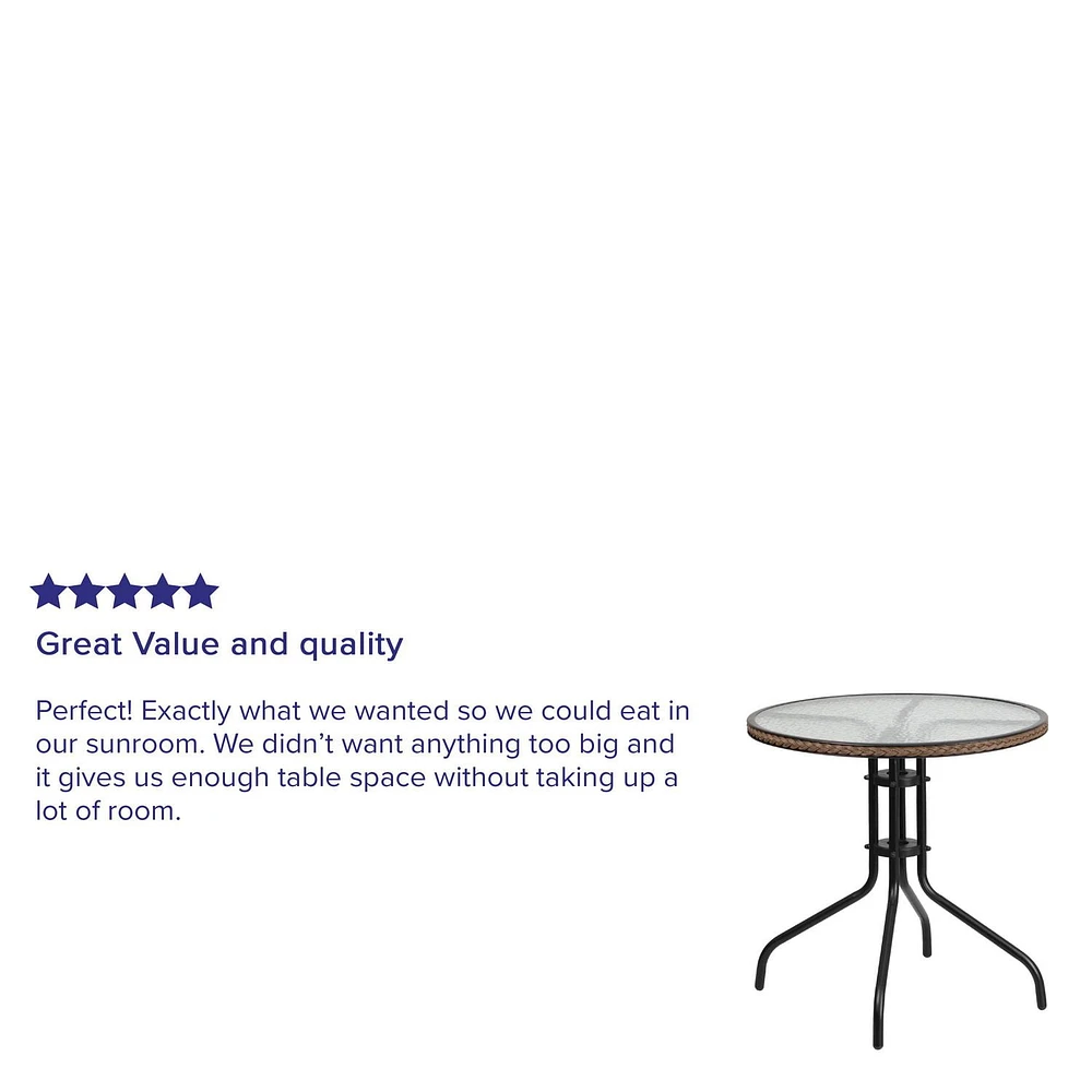 Table ronde de 28 po en métal et verre trempé avec bordure en rotin noir