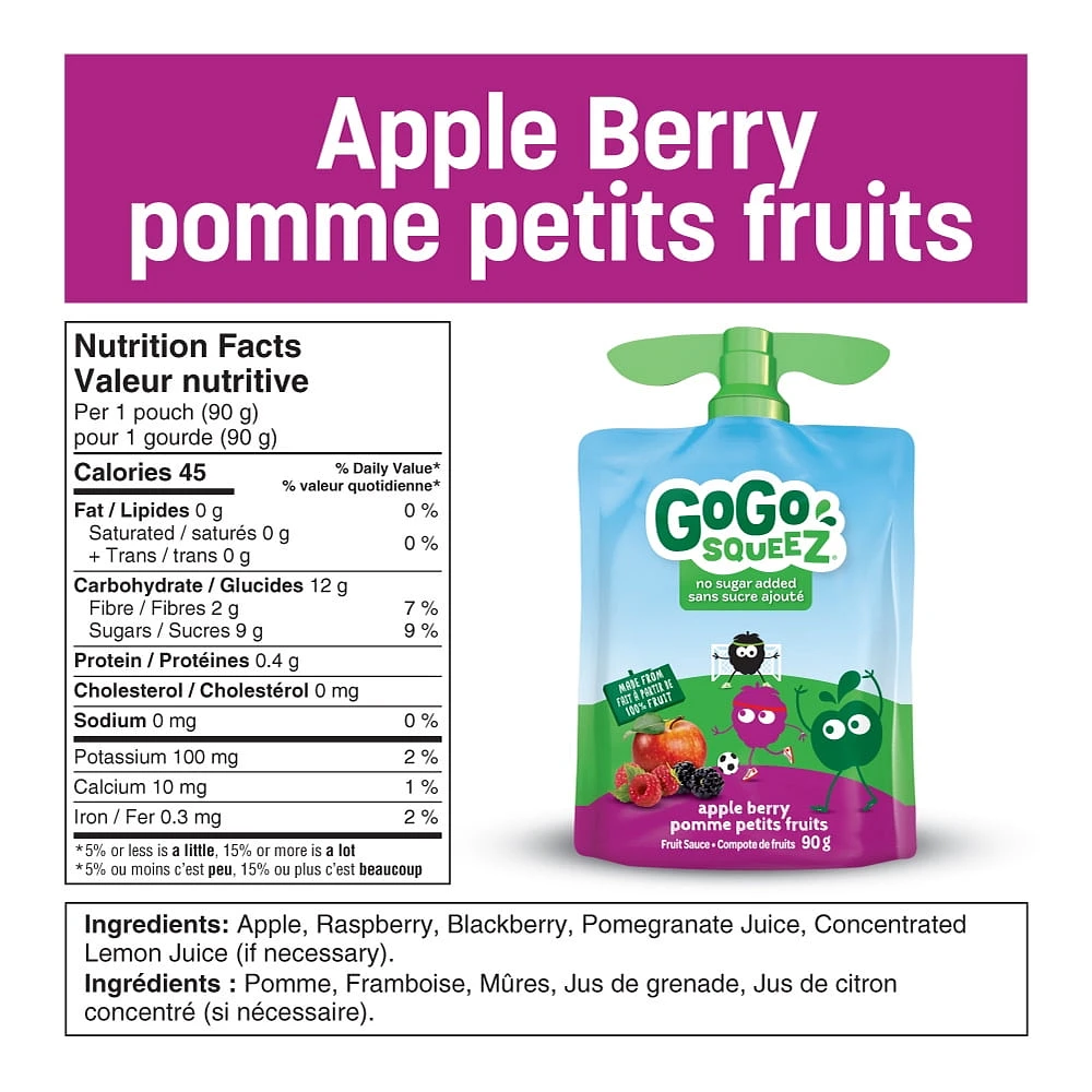 Emballage assortis de compote de fruits GoGo squeeZ , pomme, raisin, petits fruits, sans sucre ajouté. 90 g par gourde, emballage de 20 1,8 kg