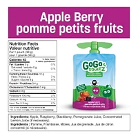 Emballage assortis de compote de fruits GoGo squeeZ , pomme, raisin, petits fruits, sans sucre ajouté. 90 g par gourde, emballage de 20 1,8 kg