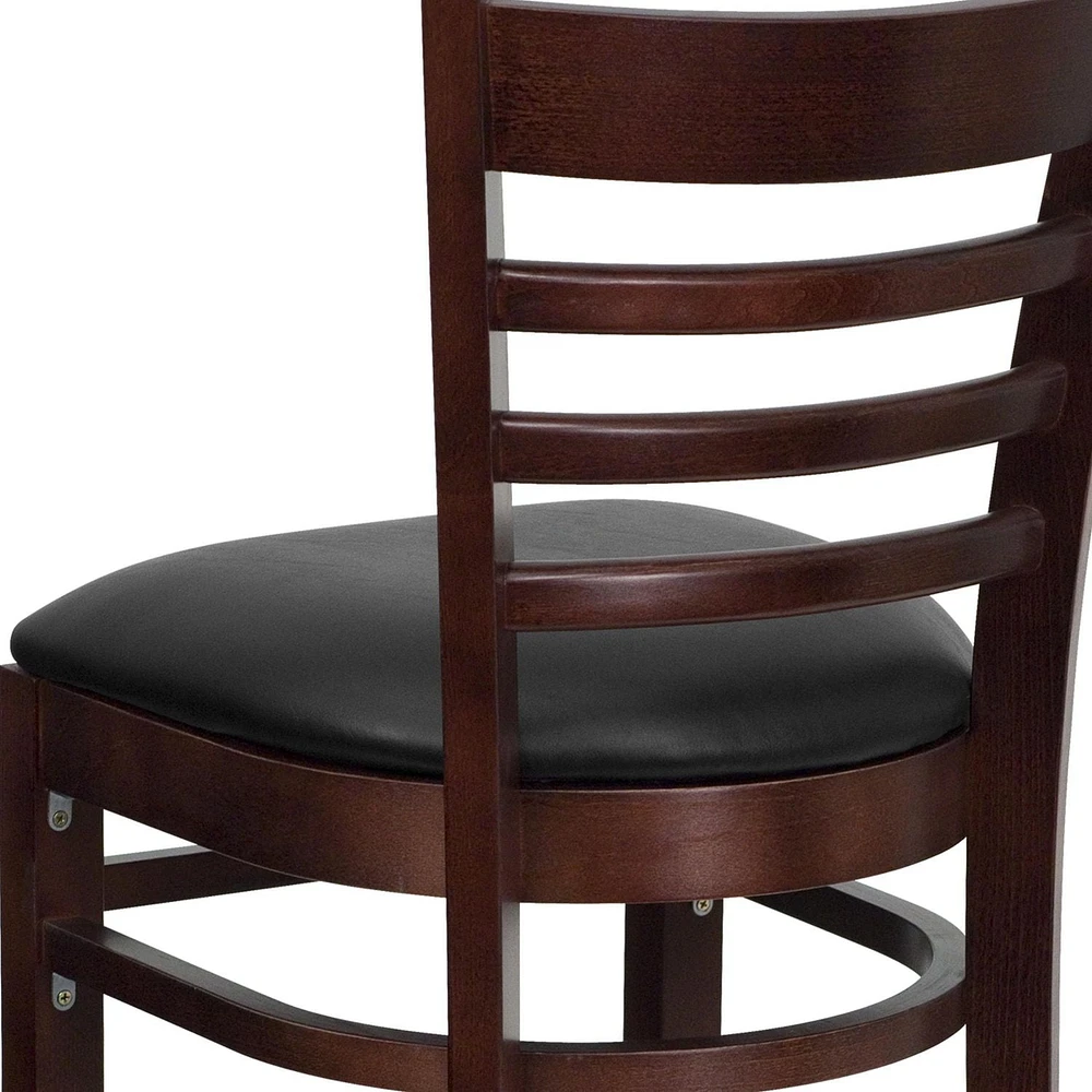 2 Pk. HERCULES Series Ladder Back Mahogany Wood Restaurant Barstool - Black Vinyl Seat