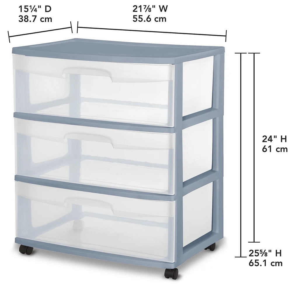 Sterilite Grand Chariot à 3 Tiroirs- Bleu