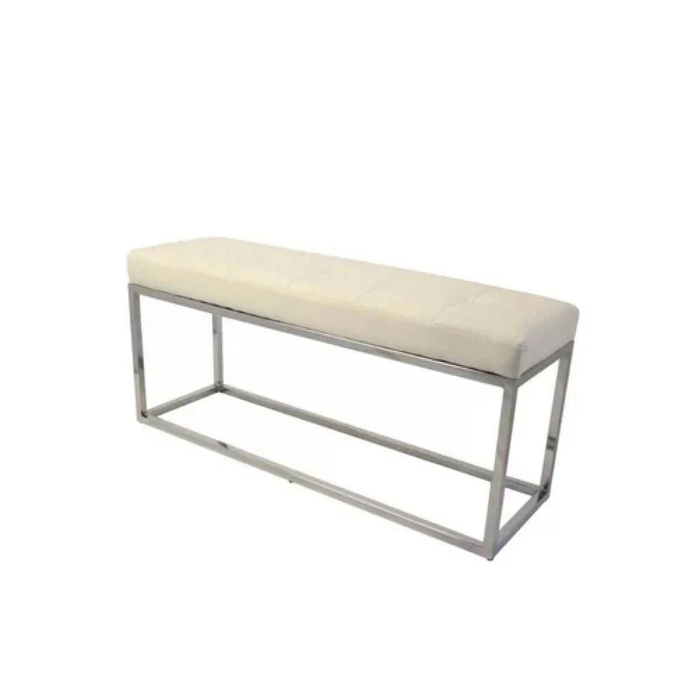 Banc beige avec cadre en métal et siège en PU, pieds en acier inoxydable, salon de coiffure