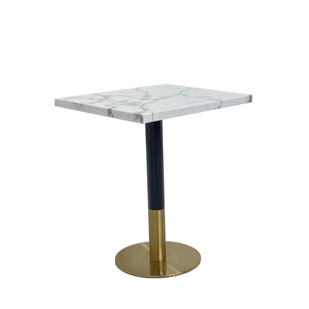 Table de salle à manger carrée Garza en faux marbre avec détails dorés brossés en blanc