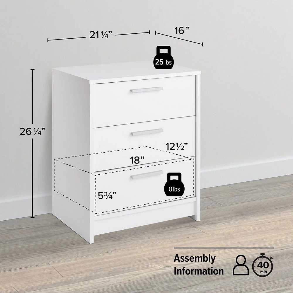 Prepac Studio Essentials 3 Drawer Nightstand White