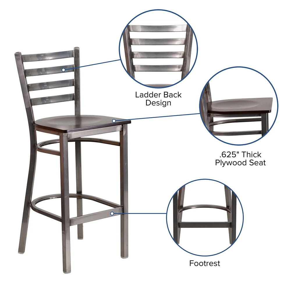 HERCULES Series Clear Coated Ladder Back Metal Restaurant Barstool - Walnut Wood Seat