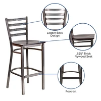HERCULES Series Clear Coated Ladder Back Metal Restaurant Barstool - Walnut Wood Seat