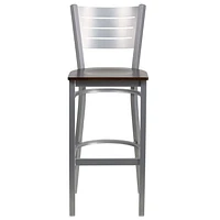 Tabouret de restaurant en métal argenté de la série HERCULES avec dossier à lattes - siège bois de noyer