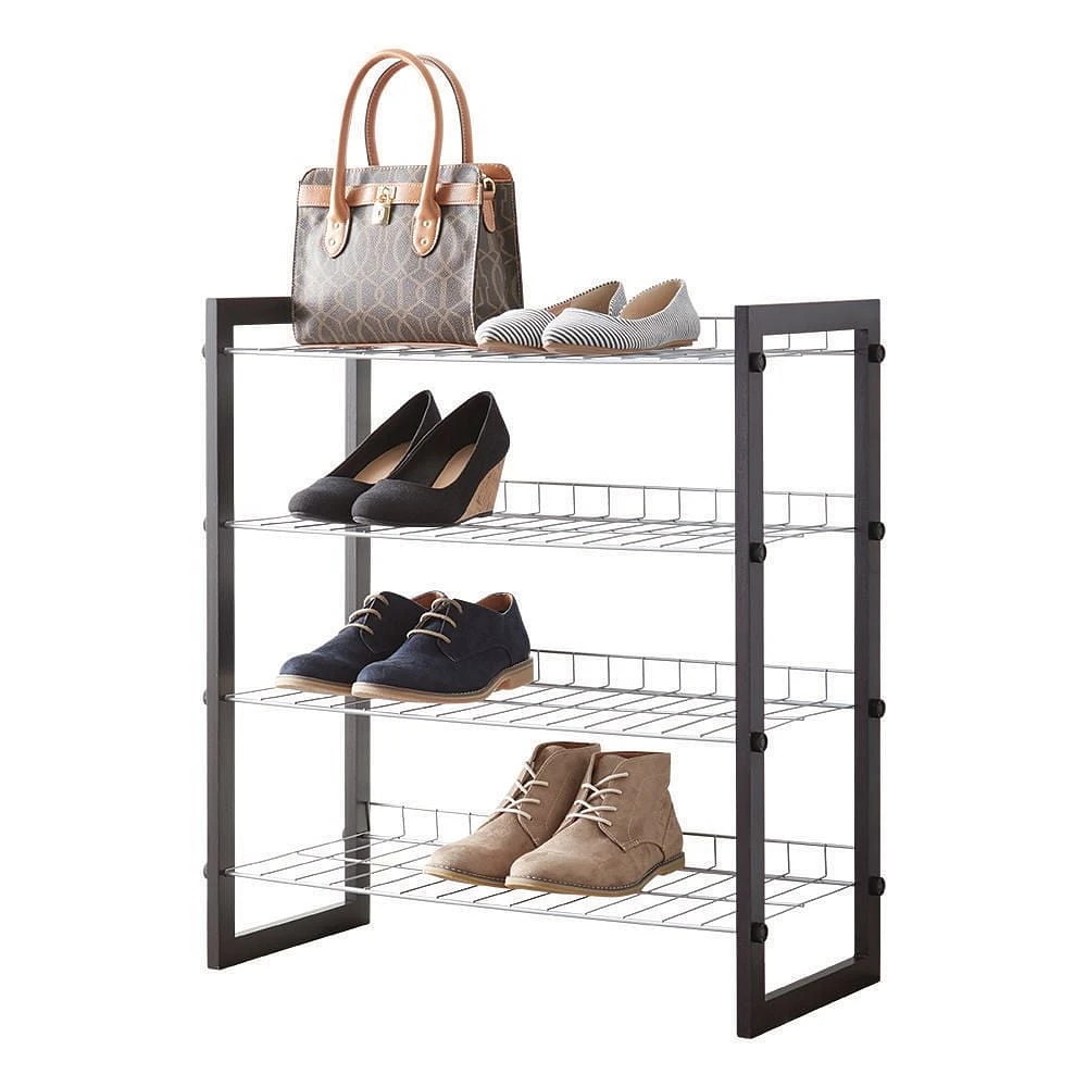 MAINSTAYS 4-Tier Shoe Rack with Wood Frame And Wire Shelf, 2 different frame colors for option, grey and brown, Assembled size: 25 in. W x 12 in. D x 27.5 in. H