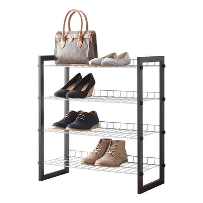 MAINSTAYS 4-Tier Shoe Rack with Wood Frame And Wire Shelf, 2 different frame colors for option, grey and brown, Assembled size: 25 in. W x 12 in. D x 27.5 in. H