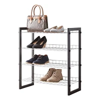 MAINSTAYS 4-Tier Shoe Rack with Wood Frame And Wire Shelf, 2 different frame colors for option, grey and brown, Assembled size: 25 in. W x 12 in. D x 27.5 in. H