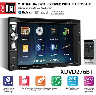 Dual Electronics XDVD276BT Écran tactile LCD de 6,2 pouces à rétro-éclairage LED Multimédia Écran tactile Double voiture stéréo avec Bluetooth intégré, iPlug, lecteur CD / DVD et ports USB / microSD