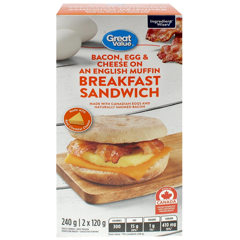 Great Value Bacon, Egg & Cheese on an English Muffin Breakfast Sandwich, GV BC EGG&CH ENG MFN