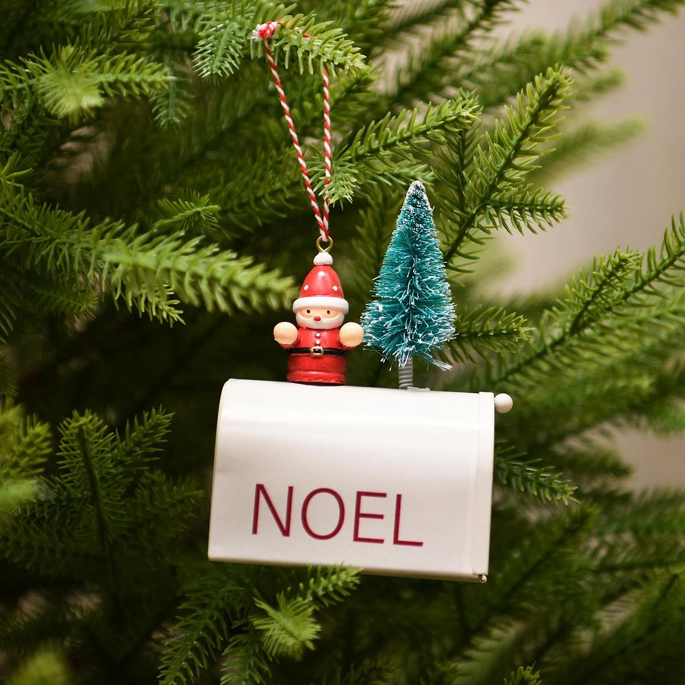 Holiday Time Winter Chalet Noel Mailbox with Santa Christmas Ornament, White