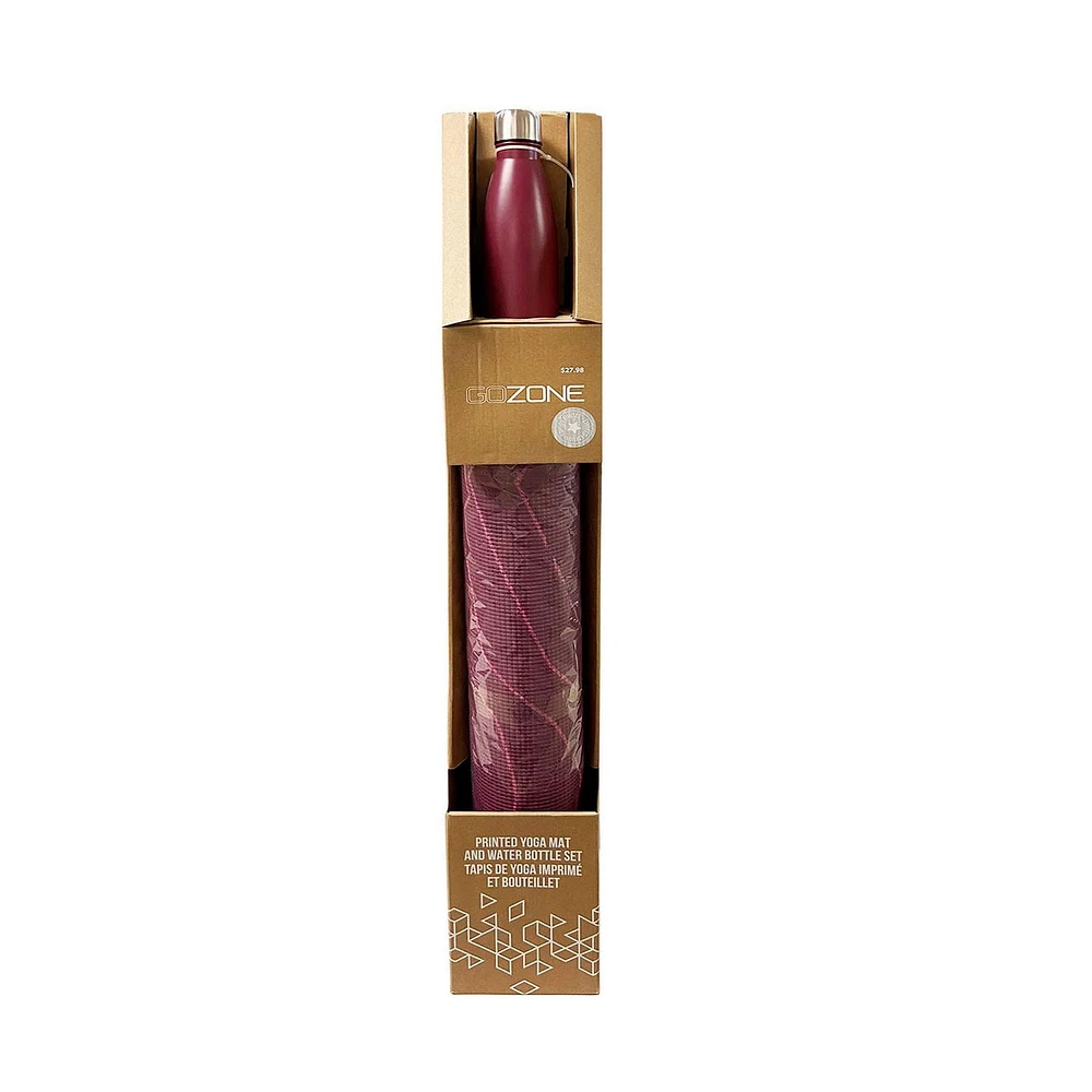 Tapis de yoga imprimé de 5 mm GoZone avec bouteille d’eau de couleur unie – Combinaison vagues - rouge bordeaux